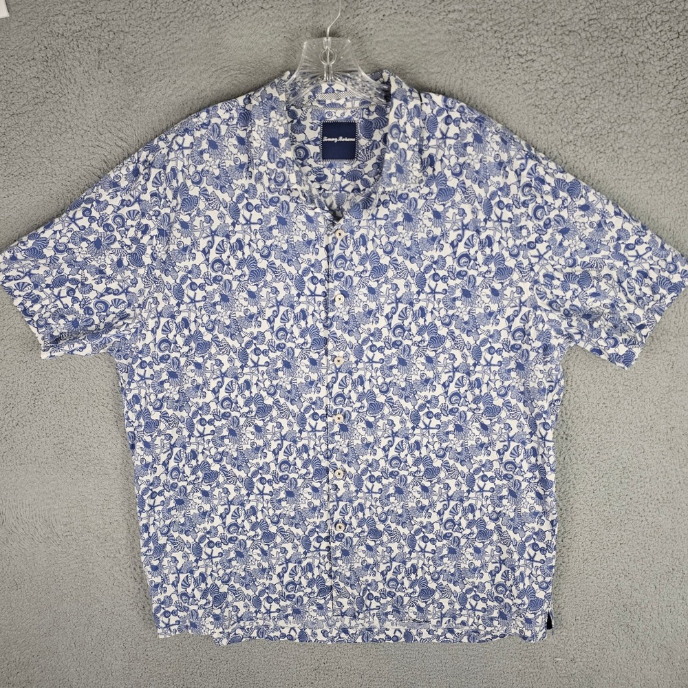 Tommy Bahama Button Down Mens XXL Blue Seashell Starfish Cotton Silk Shirt
